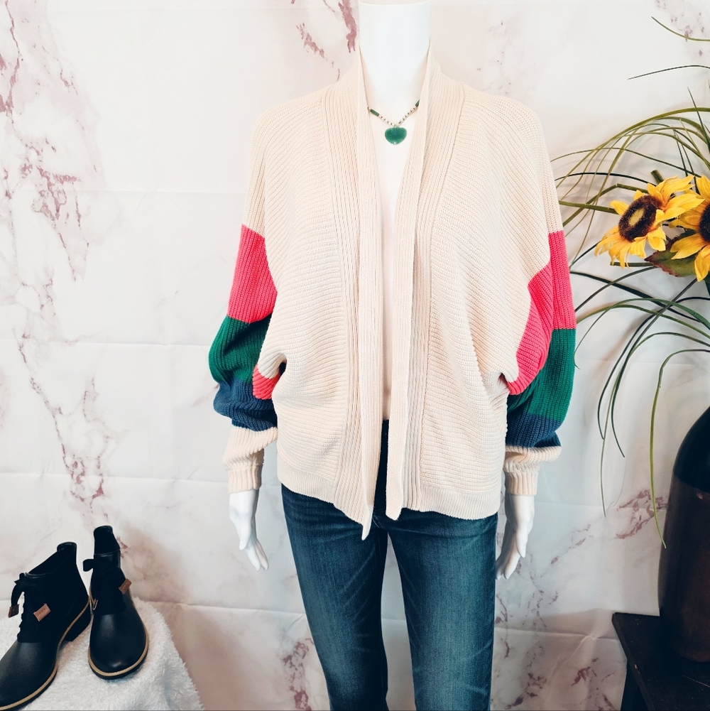 Cabi Colorblock Cardigan Cream Pink Green Dolman Sleeve Open Knit Spring